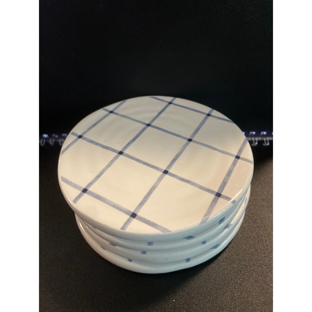 Kirklands Ceramic Coasters Set of 4 White Blue Windowpane Plaid Round Farmhouse